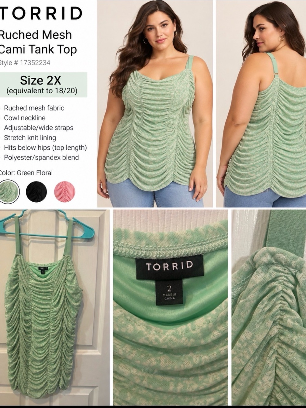 torrid light sage ruched tank with adjustable straps